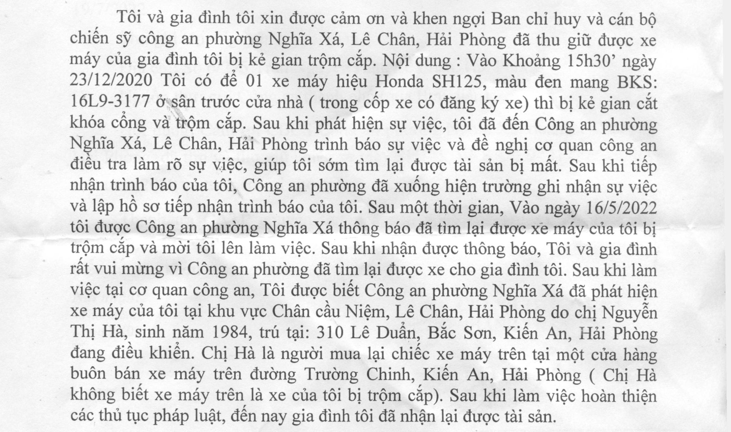 Người dân gửi thư cảm ơn Công an phường Nghĩa Xá (quận Lê Chân)